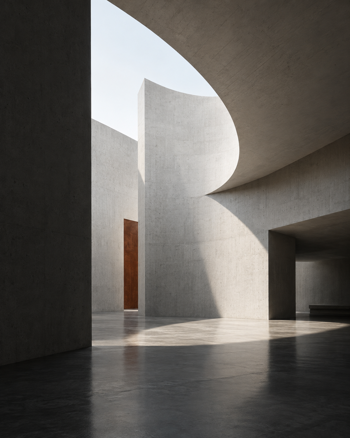 Curved concrete walls and an opening to the sky, with light falling across the floor